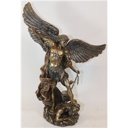 ARCHANGEL ST. MICHAEL SLAYING THE DEMON STATUE,  POLYRESIN  BODY COATED WITH  BRASS POWDER