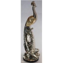 PEACOCK FIGURINE, POLYRESIN BODY WITH MOTHER OF PEAR SHELL FINISH