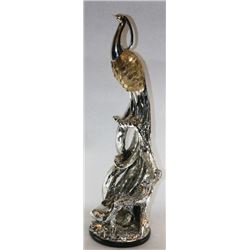 PEACOCK FIGURINE, POLYRESIN BODY WITH MOTHER OF PEAR SHELL FINISH