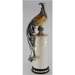 PEACOCK FIGURINE, POLYRESIN BODY WITH MOTHER OF PEAR SHELL FINISH