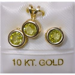 10KT GOLD PERIDOT EARRINGS & PENDANT NECKLACE SET