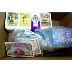 ESTATE BOX OF COLLECTIBLE TINS COINS SPOONS ETC