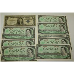 9 CANADA 1967 1 DOLLAR BANKNOTES W/ US 1935A