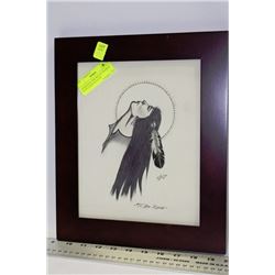 ABORIGINAL INK SKETCH FRAMED, SIGNED AND DATED BY