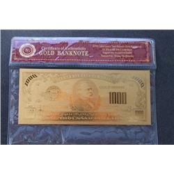 U.S. .999 PURE 24K GOLD FOIL 1000 DOLLAR BANKNOTE