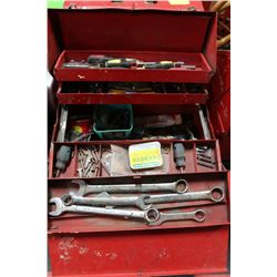 LARGE RED METAL TOOL BOX WITH CONTENTS