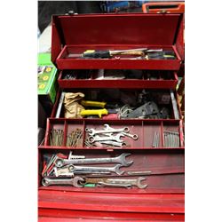 LARGE RED METAL TOOL BOX WITH CONTENTS