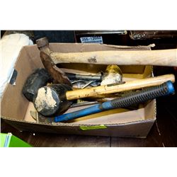 BOX OF TOOLS INCLUDING HAMMER, AXE, CRESCENT