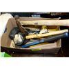 Image 1 : BOX OF TOOLS INCLUDING HAMMER, AXE, CRESCENT