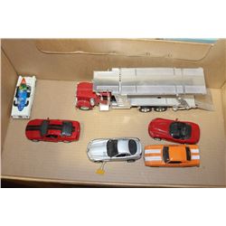 DIE CAST CAR HAULER WITH 5 DIE CAST CARS