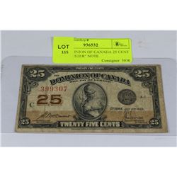 1923 DOMINION OF CANADA 25 CENT "SHINPLASTER" NOTE