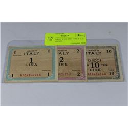 SET OF THREE WWII 1943 ITALY 1, 2, 10 LIRE ALLIED