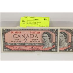 GEM UNC 1954 $2 NOTES CONSECUTIVE S/N X2