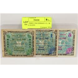 SET OF THREE 1944 GERMAN 1/2, 1 & 5 MARK ALLIED