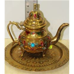 BRASS TRAY W TEAPOT
