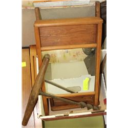 VINTAGE WASHBOARD, MIRROR, AND SCREWDRIVER