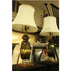 PAIR OF VINTAGE METAL & GLASS LAMPS WITH WOOD BASE