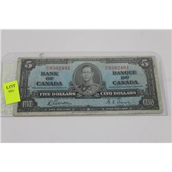 1937 CANADIAN 5 DOLLAR BANKNOTE