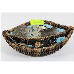 BASKET WITH 2 WATCHES (ONE FOSSIL) AND 4 BELT