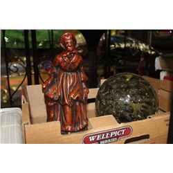 BOX WITH GLASS PAPERWEIGHT AND LADY ORNAMENT
