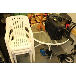 WHITE METAL & GLASS PATIO TABLE & 4 CHAIRS