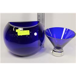 SET OF BLUE GLASS VASE & BOWL SET - HAND
