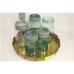 BRASS TRAY WITH OLD BLUE JARS
