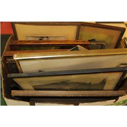 BOX OF ANTIQUE FRAMED PICTURES & PRINTS