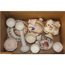 BOX OF ASSORTED TEA CUPS, SAUCERS & MORE