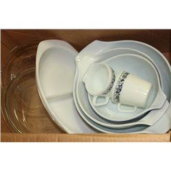 BOX OF ASSORTED PYREX SERVING DISHES & GLASSWARE