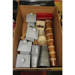 BOX W/ DECORATIVE CANDLE HOLDERS, VASES,
