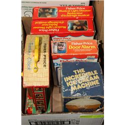 BOX OF VINTAGE FISHER PRICE SAFETY ITEMS AND TOYS