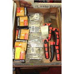 BOX OF HEAVY DUTY STAPLES HINGES AND SCRAPERS