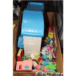 BOX WITH CHILDRENS HOUSE AND MISC TOYS