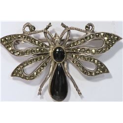 STERLING SILVER BLACK ONYX & MARCASITE BROOCH