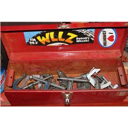 RED METAL TOOLBOX FILLED WITH STEEL CLAMPS