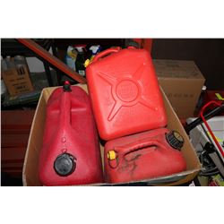BOX OF RED JERRY CANS - 1 LARGE AND 2 MEDIUM SIZES