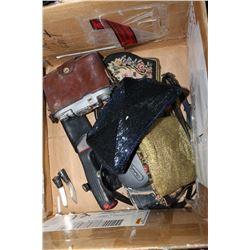 BOX OF ESTATE COLLECTABLE PURSES CAMERA ETC.