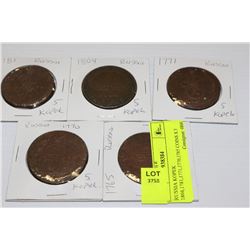 RUSSIA KOPEK 1804,1781,1771,1770,1765 COINS X 5