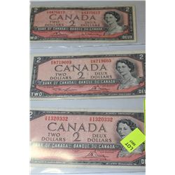 SET OF THREE 1954 2 DOLLER CANADA BANKNOTES