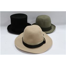 SET OF 3 VINTAGE MEN'S HATS - TOP HAT & 2 BOWLER