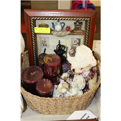 WOVEN BASKET WITH NEW CANDLES,PICTURE FRAMES,
