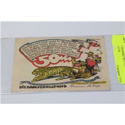 1922 50 PFENNIG REUTER GERMAN BANK NOTE