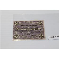 1920 AUSTRIAN 20 HELLER BANK NOTE