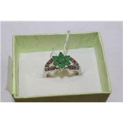 NATURAL EMERALD .925 SILVER RING - SIZE 5.5