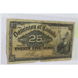 1900 DOMINION OF CANADA 25 CENT SHIN PLASTER