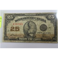 1923 DOMINION OF CANADA 25 CENT SHIN PLASTER
