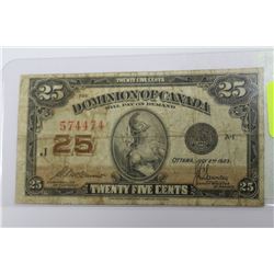 1923 DOMINION OF CANADA 25 CENT SHIN PLASTER