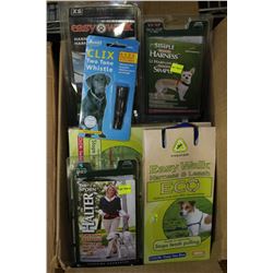 BOX OF HARNESS & LEASH, WHISTLE, ETC.