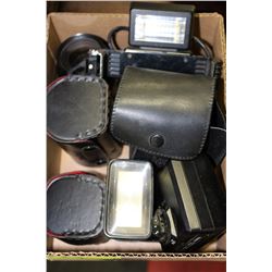 BOX OF 3 CAMERA LENSES AND 3 FLASHES